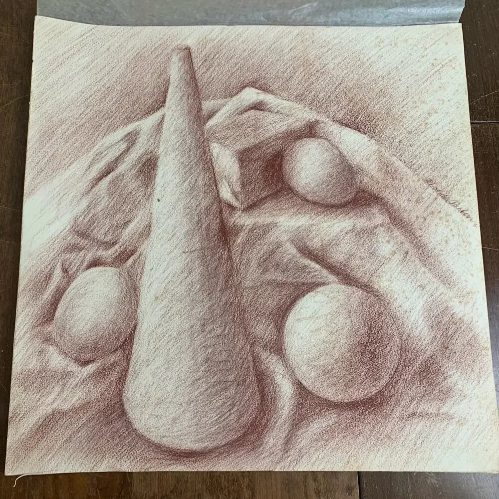 Set of 3 VINTAGE 60s‎ 70s Original Artist Signed Charcoal still life art 20 x 20